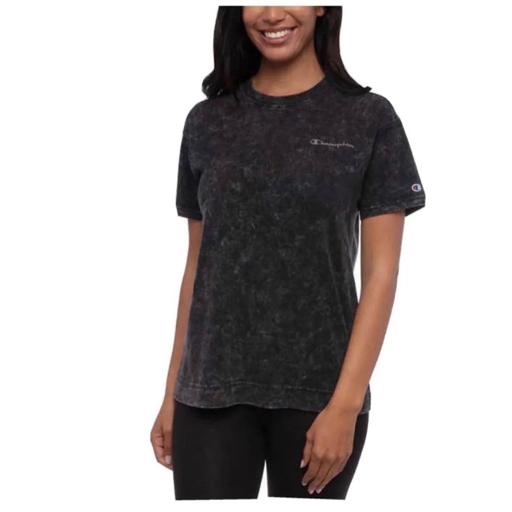 New Champion T-Shirt Acid Wash Black Crew Neck Tee Top Womens Logo
